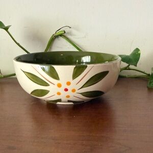 Hand-Painted Floral Ceramic Bowl - Olive Green and Cream Floral